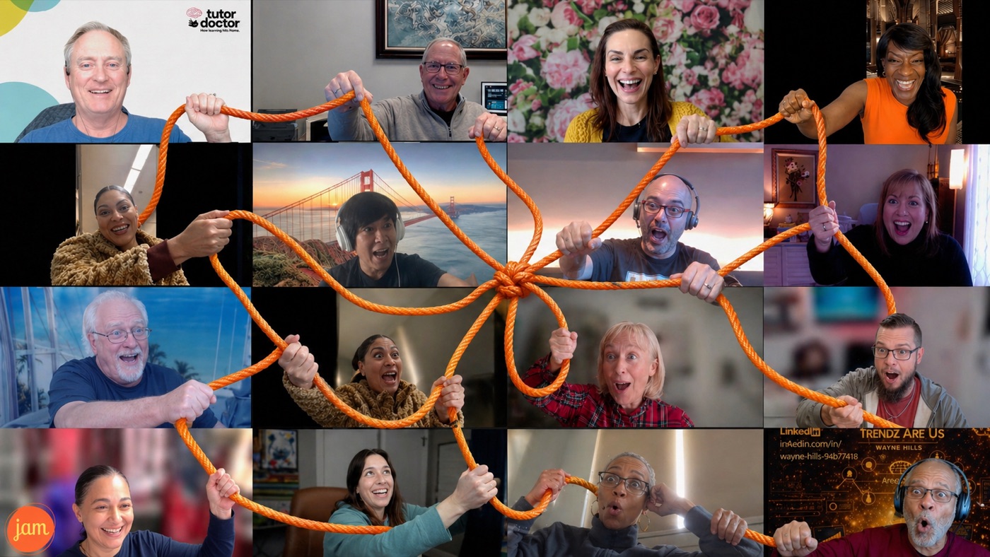 Club Jam members on a Zoom call, all holding one connected orange rope and laughing